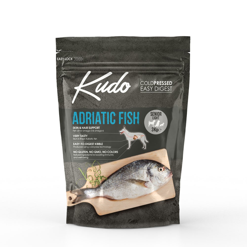 KUDO SENIOR & LIGHT ALL BREEDS ΑDRIATIC FISH Εύπεπτη μονοπρωτεϊνική cold pressed τροφή με Ψάρια Αδριατικής για σκύλους ηλικιωμένους ή με τάσεις παχυσαρκίας  3kg