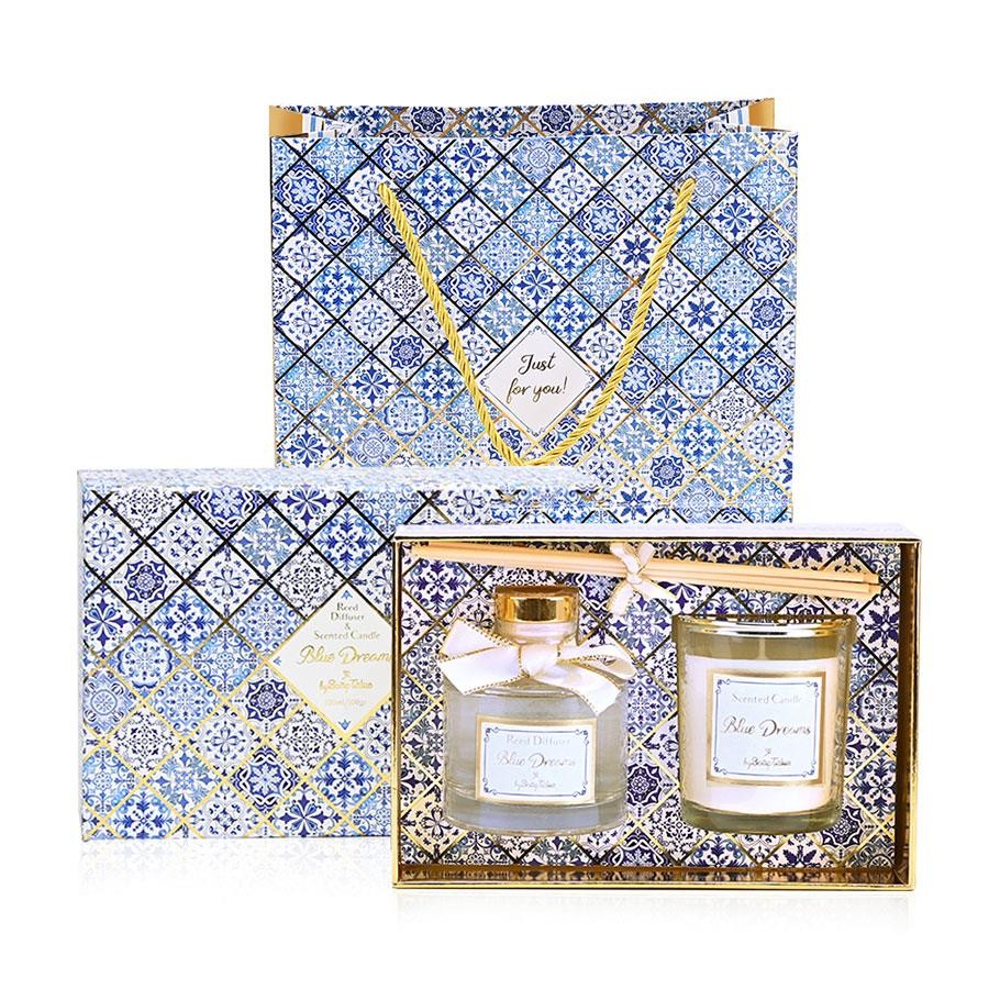 Σετ δώρου αρωματικό κερί και αρωματικό χώρου blue dreams μαζί με τσάντα δώρου