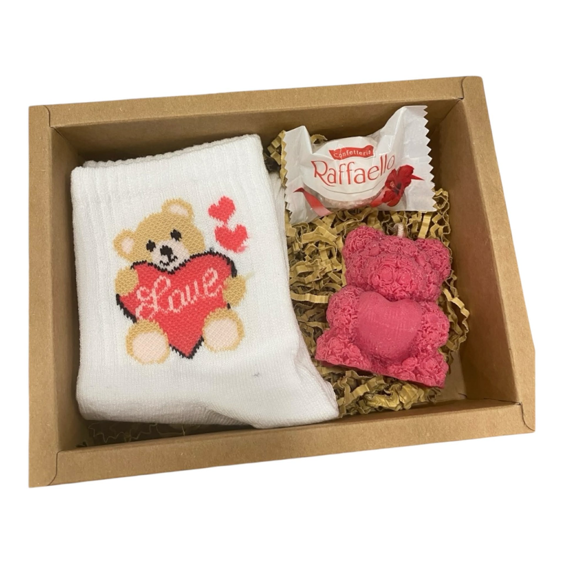 Giftbox με κάλτσες, κερακι αρκουδάκι και rafaello