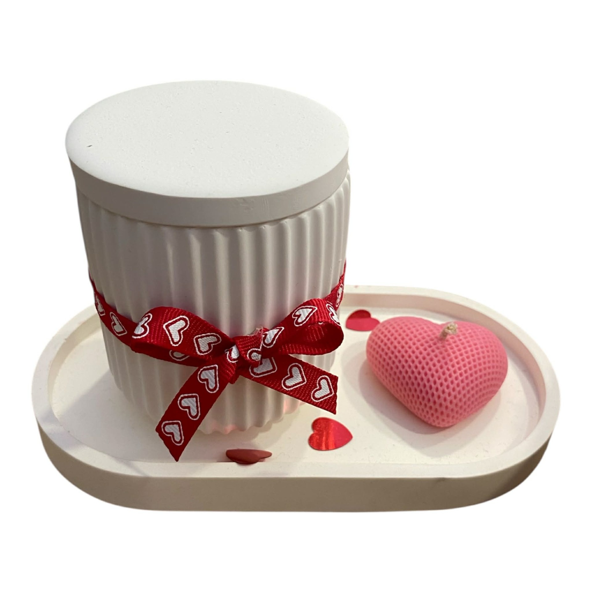 Γυψινο tray, κεραμικο βαζο με καπακι με κερί και κεράκι καρδια