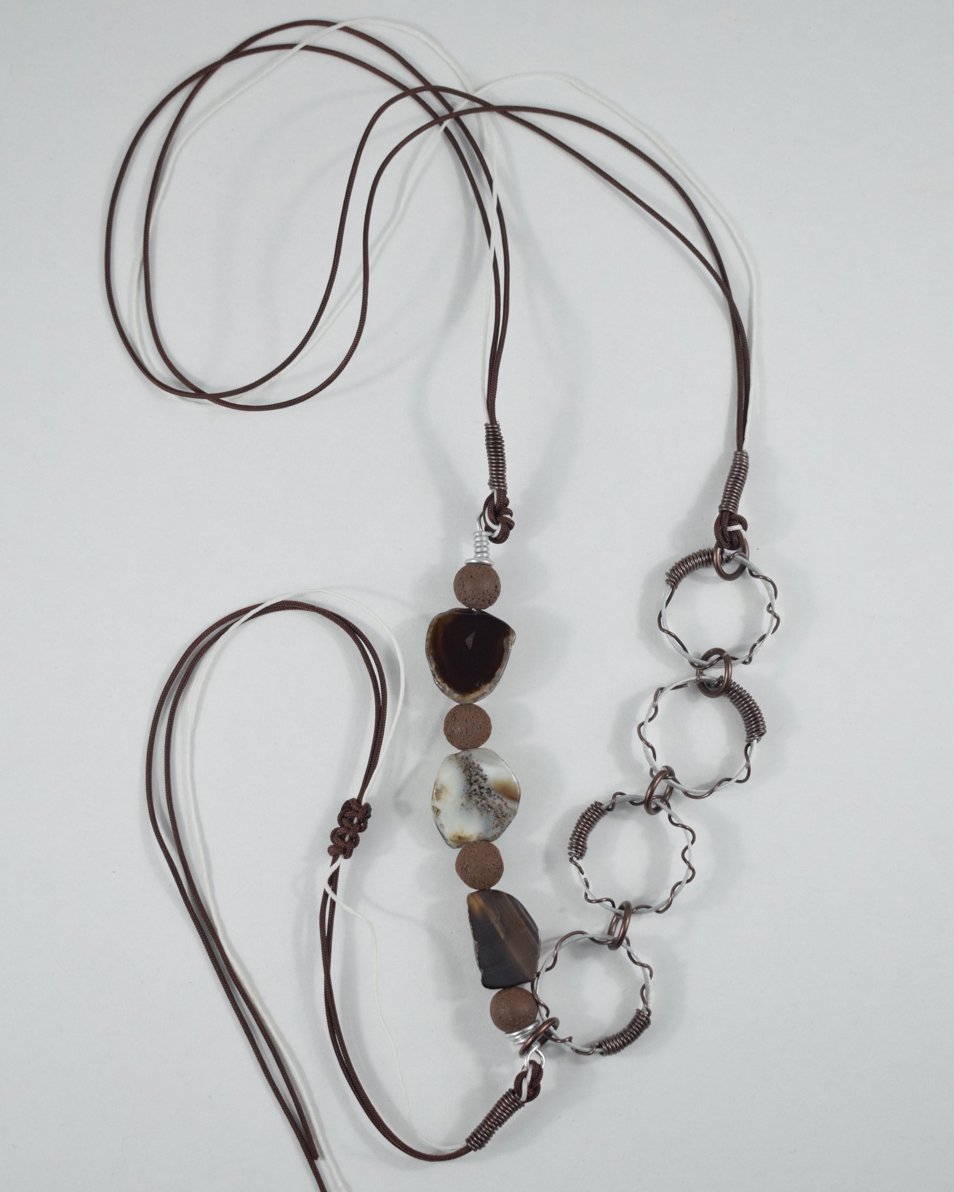 Κολιέ ασημί με καφέ σπιράλ - αχάτες & lava