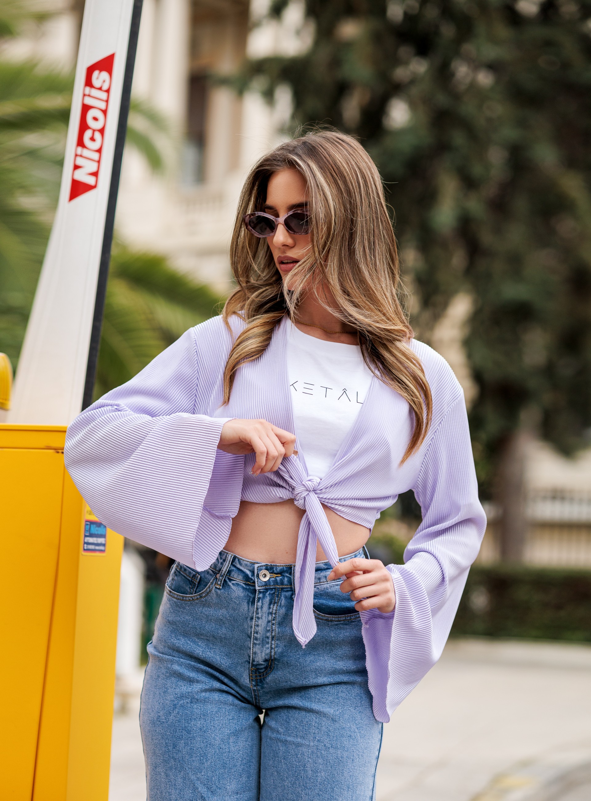 RIBBED SATIN CROP CARDIGAN IN LILAC