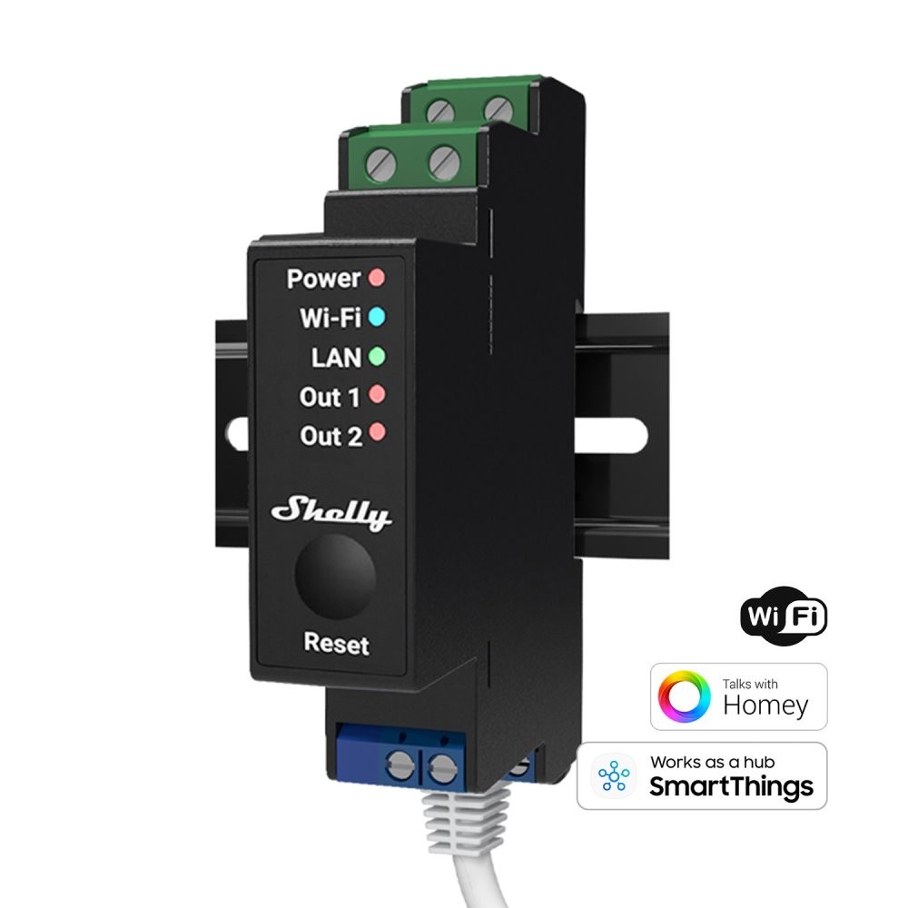 SHELLY 2 channels DIN rail relay switch with Wi-Fi