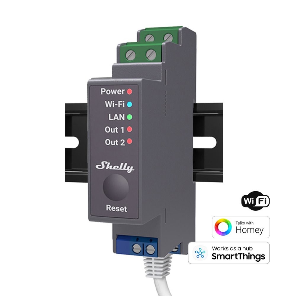SHELLY 2 channel DIN rail relay switch with power metering and Wi-Fi