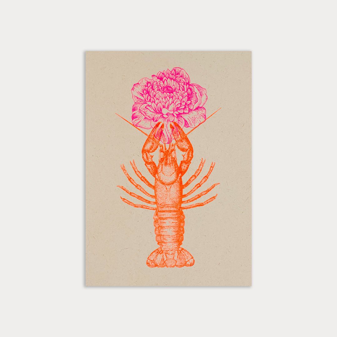 Postcard / lobster with flower / eco paper / vegetable coloring