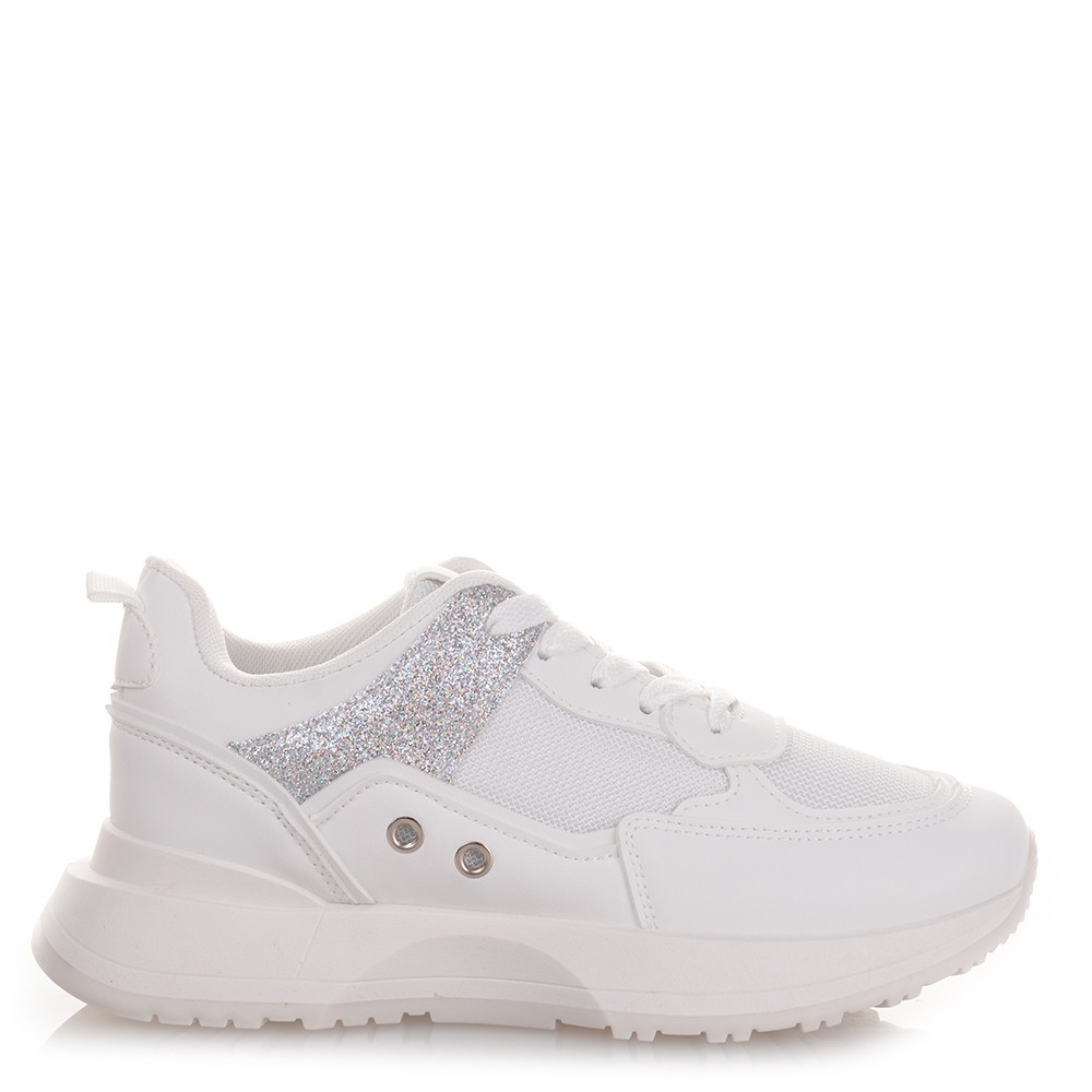 Γυναικεία Λευκά Sneakers με Ασημί Λεπτομέρειες Famous