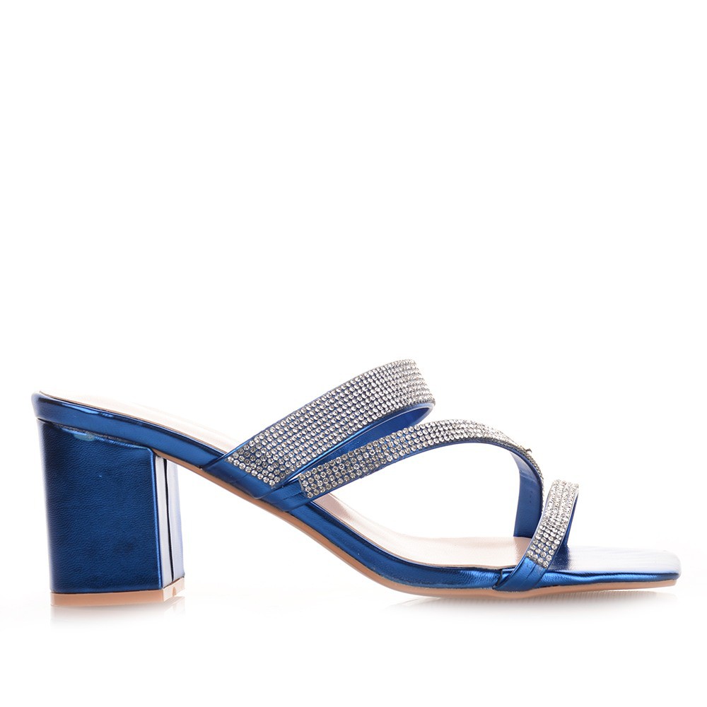 Μπλε μεταλιζέ mules με φάσες απο στρας Famous