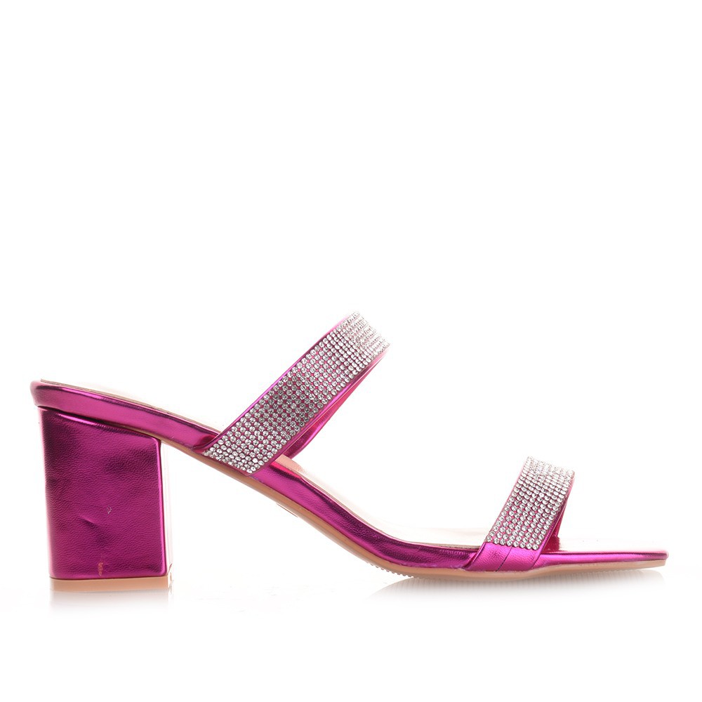 Φούξια μεταλιζέ mules με φάσες απο strass Famous