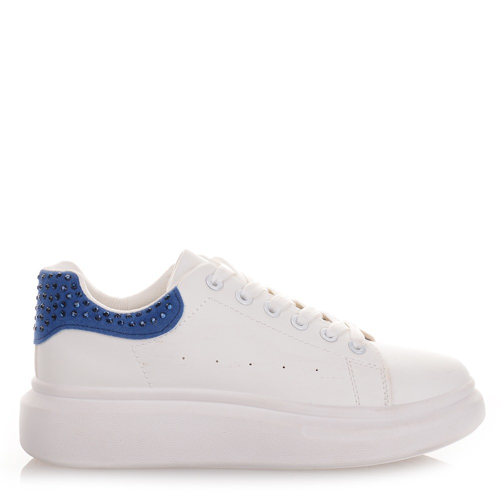 Γυναικεία sneakers σε λευκό χρώμα με Μπλε Στρας Famous