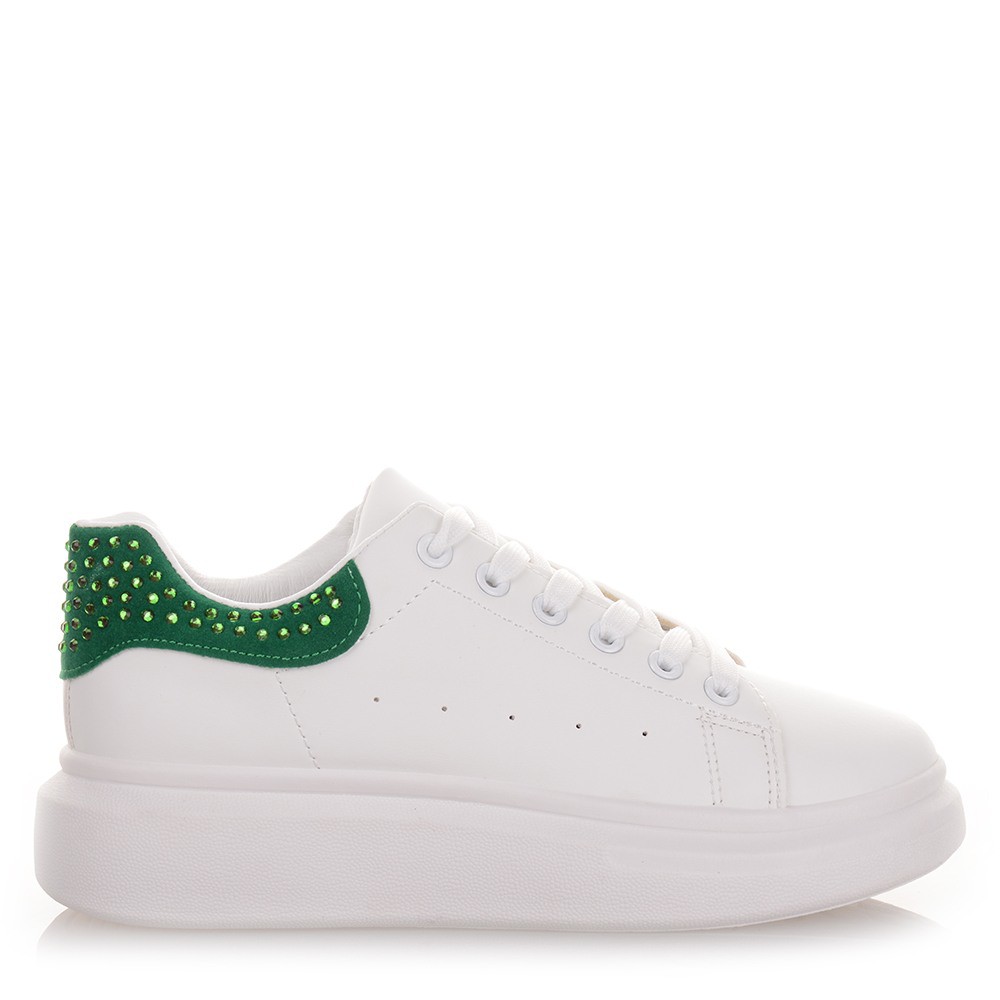Γυναικεία sneakers σε λευκό χρώμα με πράσινα Στρας Famous