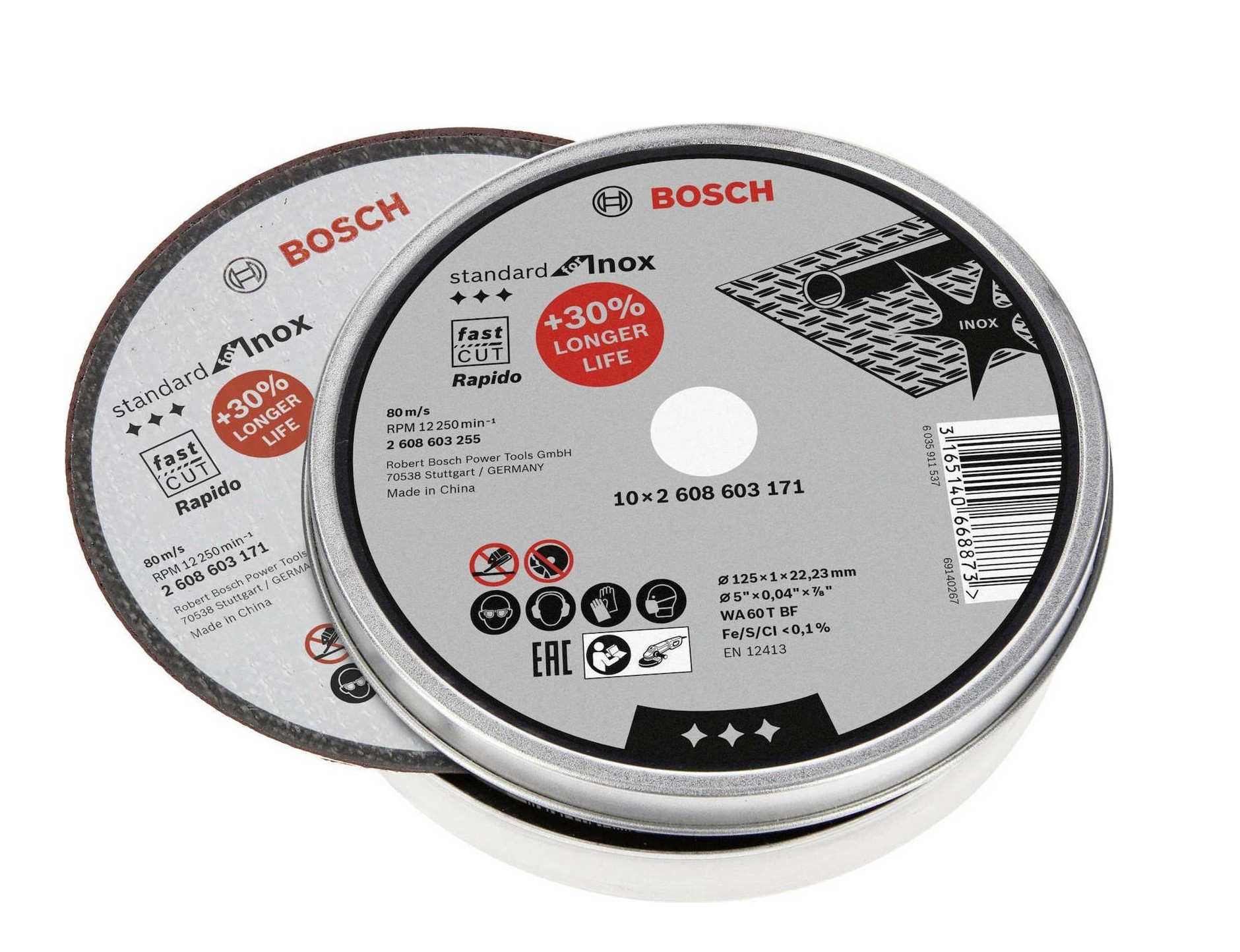 Bosch Δίσκοι Κοπής Μετάλλου (125 mm) 10 τεμάχια (WA 60T INOX BF).