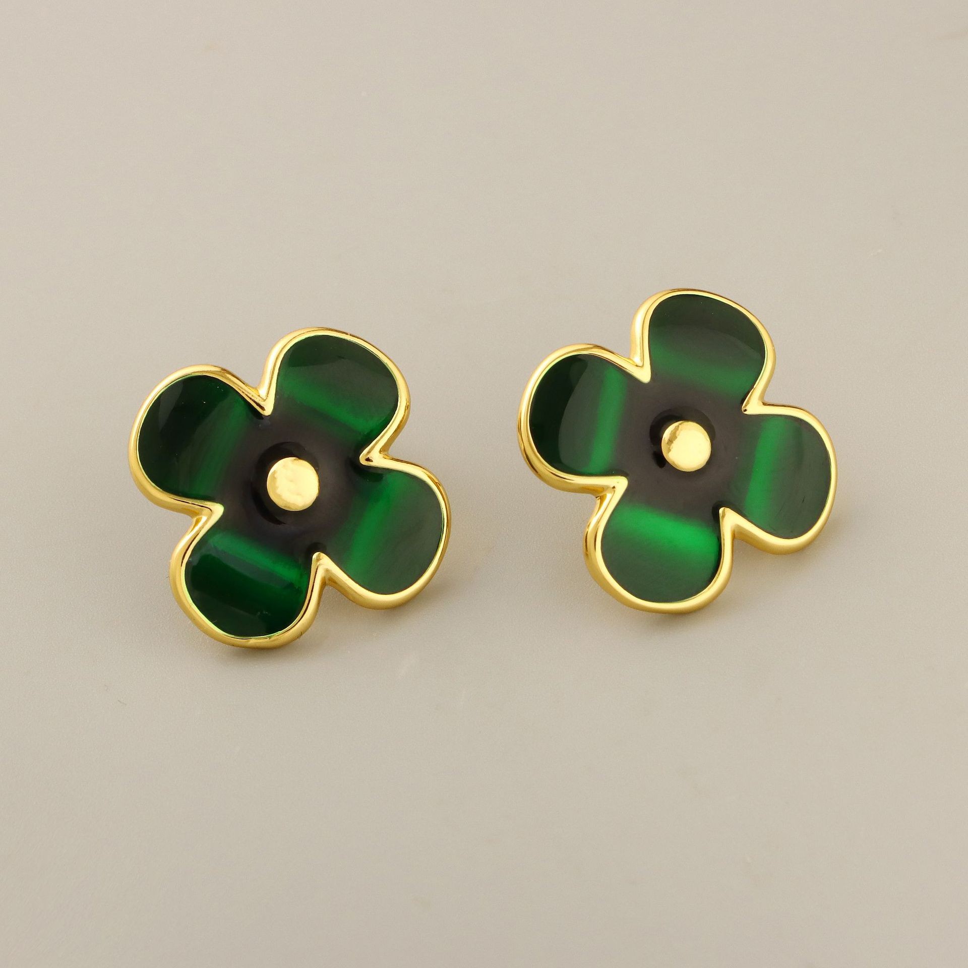 "Clover" Green Enamel 18K Golden Earrings