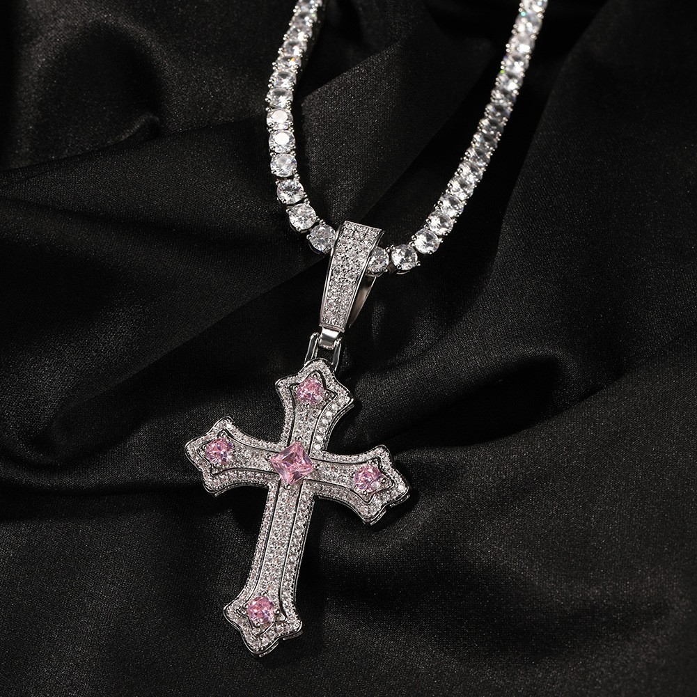 "Croce Rosa" Pink Zircon Handmade Silver-plated Stainless Steel Necklace