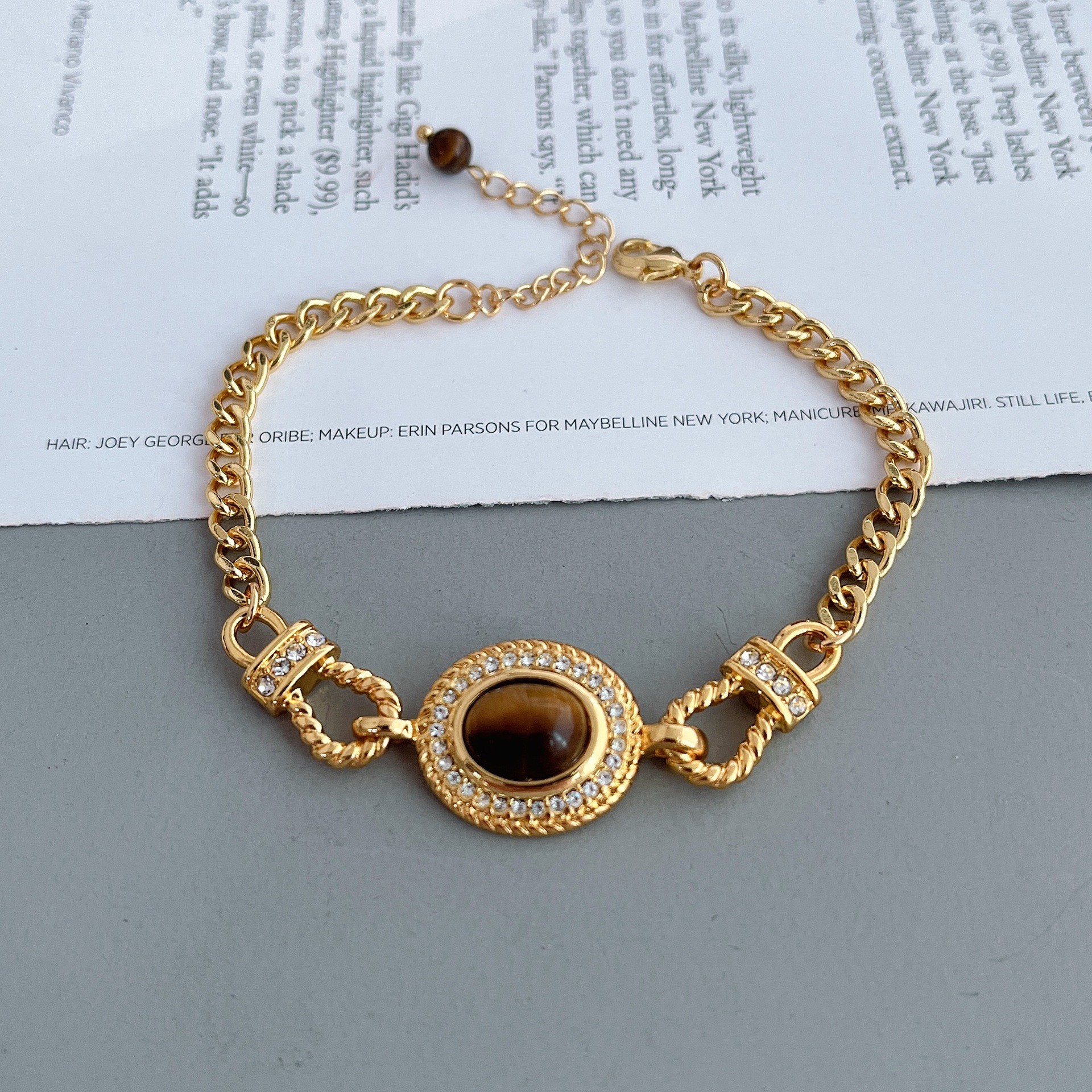 "Reina" 18K Golden Zircon TIger Eye Stone Bracelet