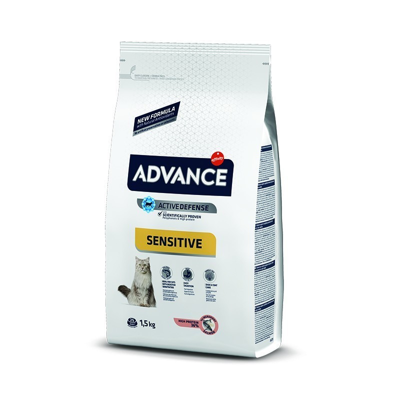 ADVANCE CAT ADULT SENSITIVE Ξηρά τροφή για ενήλικες γάτες με ευαισθησίες στην πέψη, 1ο συστατικό Σολομός 1,5kg