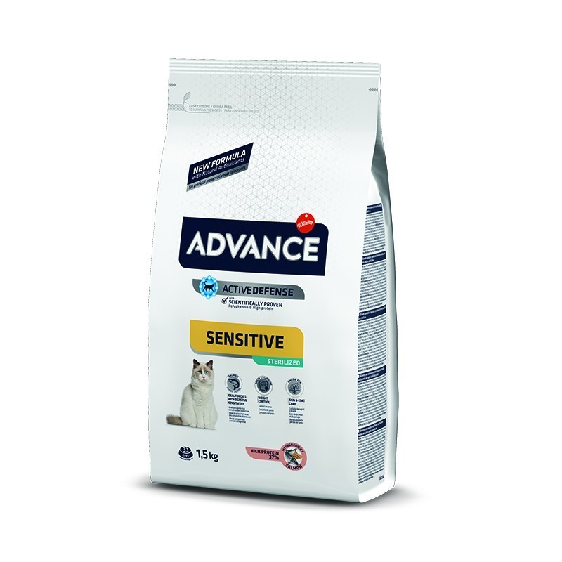 ADVANCE CAT ADULT SENSITIVE STERILIZED Ξηρά τροφή για ενήλικες στειρωμένες γάτες με ευαισθησίες στην πέψη, 1ο συστατικό Σολομός 1,5kg
