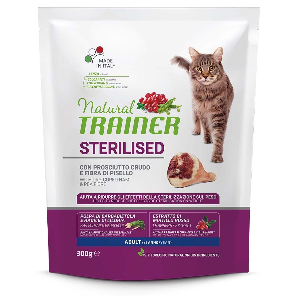 NATURAL TRAINER CAT ADULT STERILISED Ξηρά τροφή για ενήλικες στειρωμένες γάτες με Προσούτο 300gr