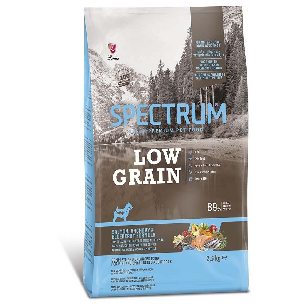 SPECTRUM LOW GRAIN MINI/SMALL ADULT SALMON, ANCHOVY & BLUEBERRY Ξηρά τροφή για ενήλικους σκύλους μικρόσωμων φυλών, με σολομό, γαύρο και βατόμουρο 2,5kg