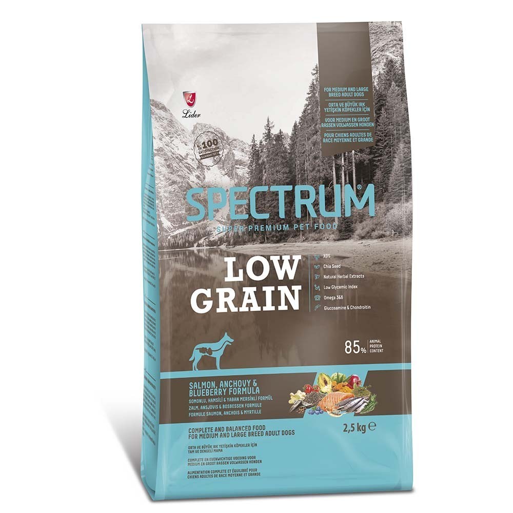 SPECTRUM LOW GRAIN MEDIUM/LARGE ADULT SALMON, ANCHOVY & BLUEBERRY Ξηρά τροφή για ενήλικους σκύλους μεσαίων και μεγαλόσωμων φυλών, με σολομό, γαύρο και βατόμουρο 2,5kg