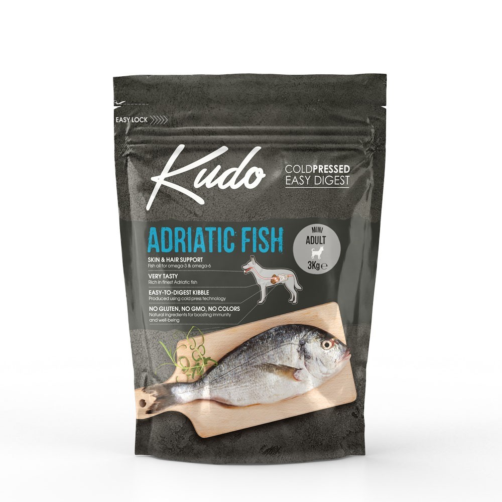 KUDO ADULT MINI ADRIATIC FISH Μονοπρωτεϊνική cold pressed τροφή με φρέσκα Ψάρια Αδριατικής για ενήλικους σκύλους μικρόσωμων φυλών, επιρρεπείς σε αλλεργίες ή δυσανεξίες  3kg
