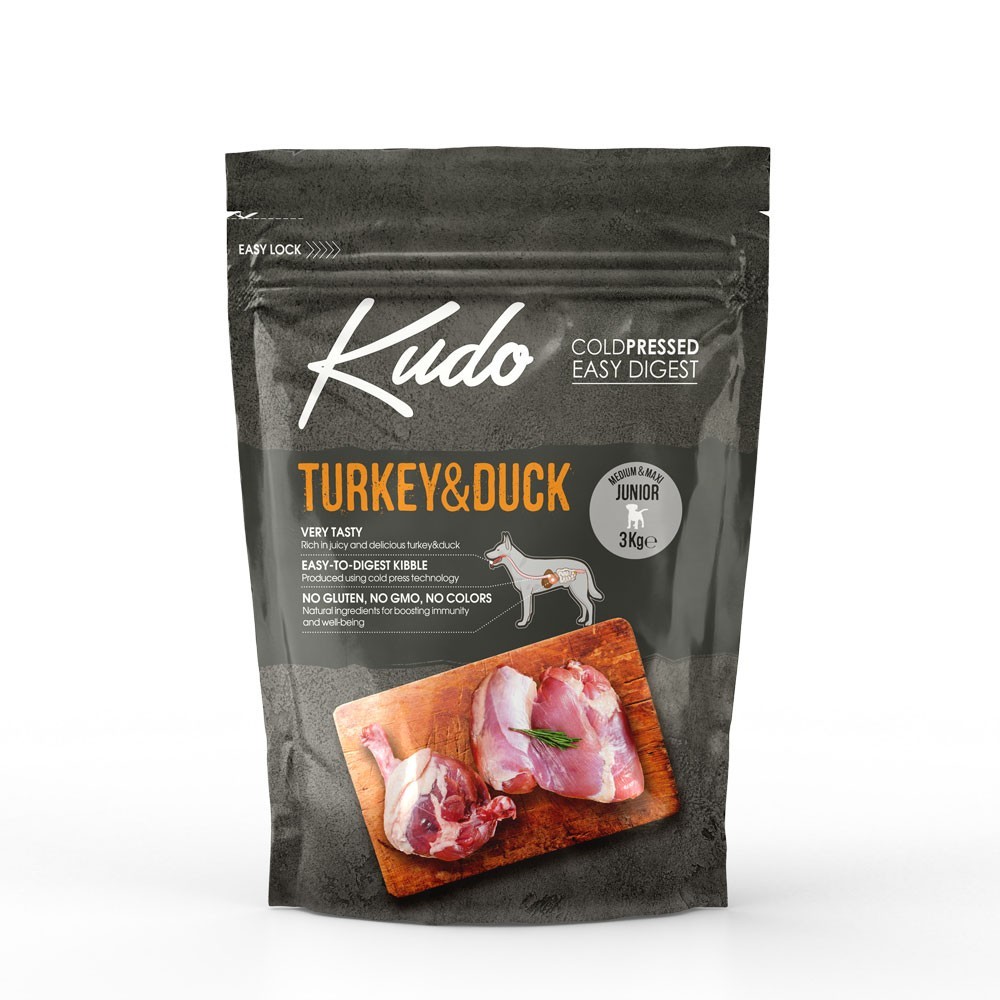 KUDO JUNIOR ΜΕDIUM & MAXI TURKEY & DUCK Cold pressed τροφή ανάπτυξης με Γαλοπούλα & Πάπια για κουτάβια μεσαίων φυλών έως 12 μηνών και μεγαλόσωμων έως 18 μηνών  3kg