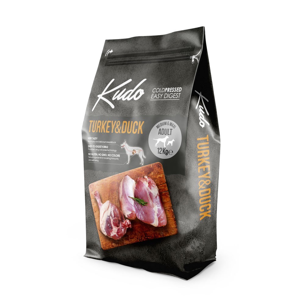 KUDO ADULT ΜΕDIUM & MAXI TURKEY & DUCK Cold pressed τροφή με Γαλοπούλα & Πάπια για ενήλικους σκύλους μεσαίων και μεγαλόσωμων φυλών με μέτρια προς έντονη δραστηριότητα 12kg