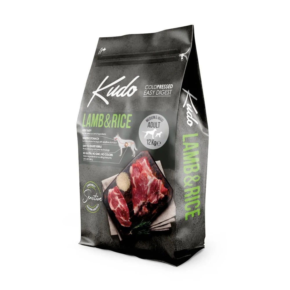KUDO ADULT MEDIUM & MAXI LAMB & RICE Μονοπρωτεϊνική Cold pressed τροφή με Αρνί, ρύζι ιδανική για ενήλικους σκύλους μεσαίων και μεγαλόσωμων φυλών με διατροφικές ευαισθησίες  12kg