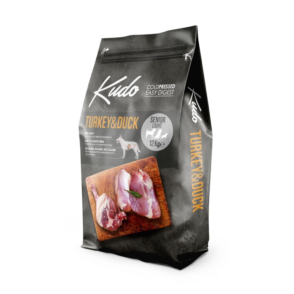 KUDO SENIOR & LIGHT ALL BREEDS TURKEY & DUCK Εύπεπτη cold pressed τροφή με Γαλοπούλα & Πάπια για σκύλους ηλικιωμένους ή με τάσεις παχυσαρκίας  12kg