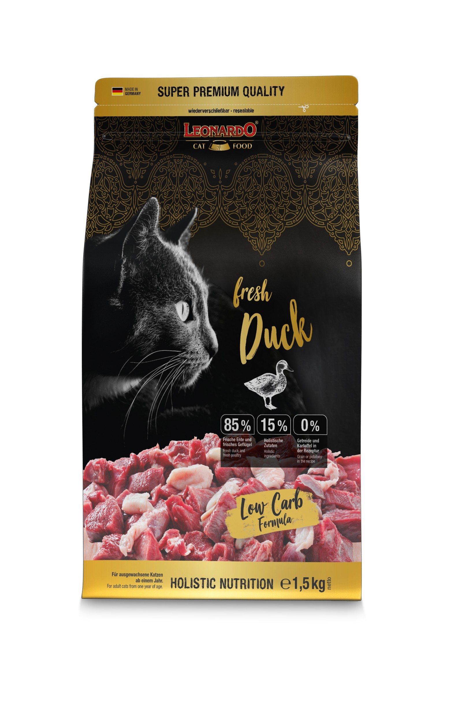 LEONARDO ADULT FRESH DUCK Ξηρά τροφή για ενήλικες γάτες, με 85% φρέσκο ψαχνό κρέας πάπιας & πουλερικών 1,5kg