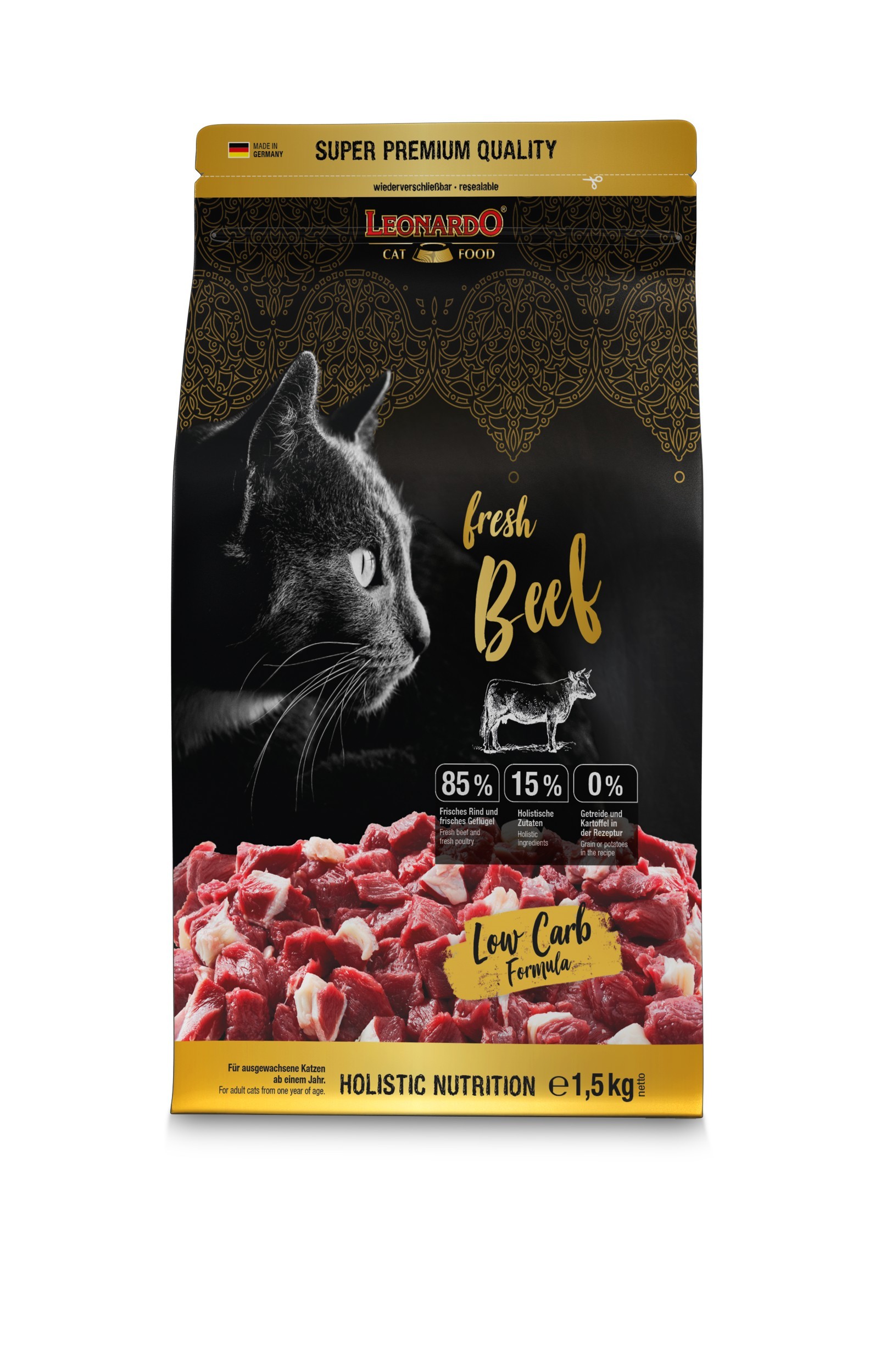LEONARDO ADULT FRESH BEEF Ξηρά τροφή για ενήλικες γάτες, με 85% φρέσκο ψαχνό κρέας βοδινού & πουλερικών 1,5kg