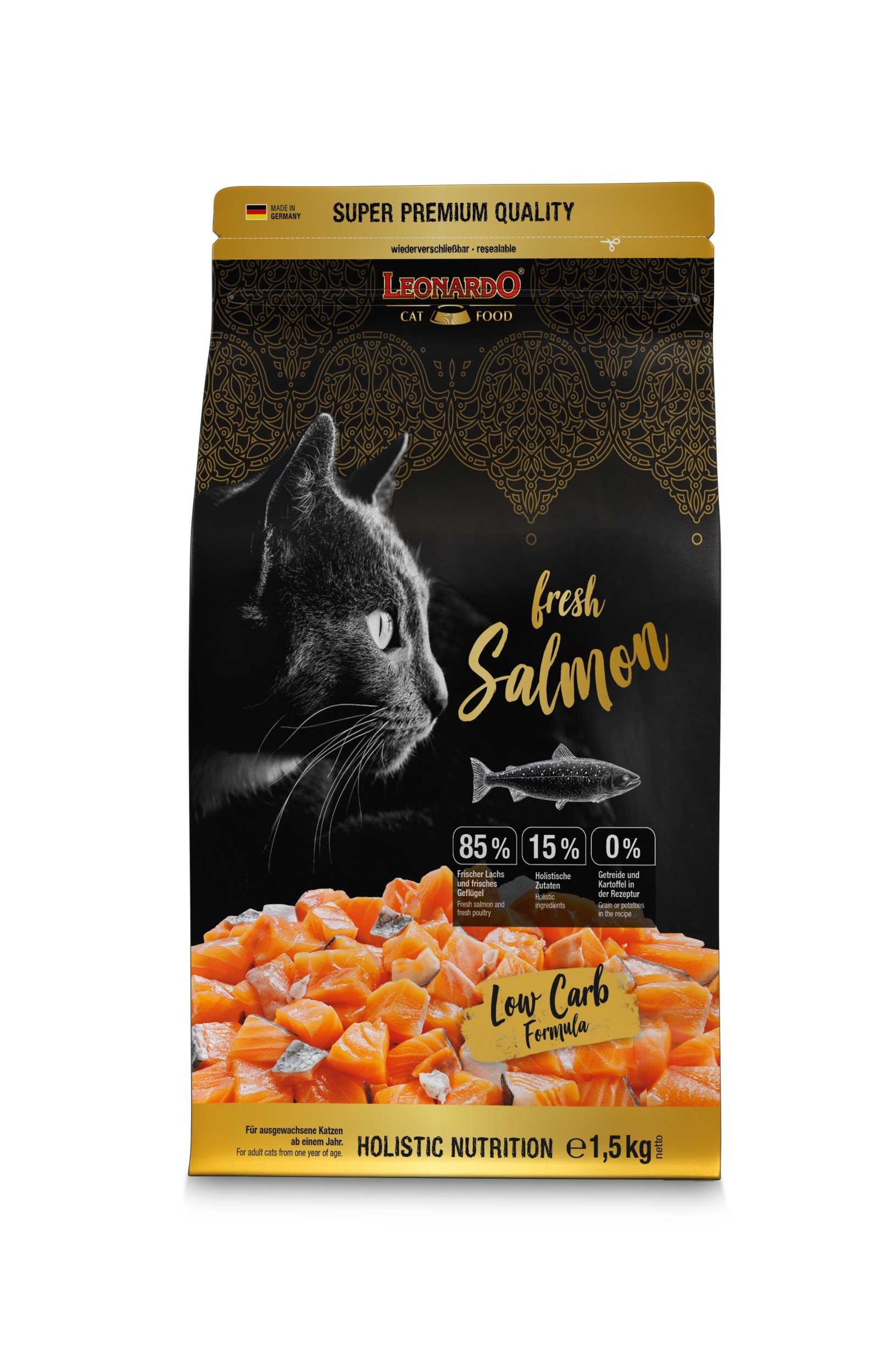 LEONARDO ADULT FRESH SALMON Ξηρά τροφή για ενήλικες γάτες, με 85% φρέσκο ψαχνό φιλέτο σολωμού & πουλερικών 1,5kg