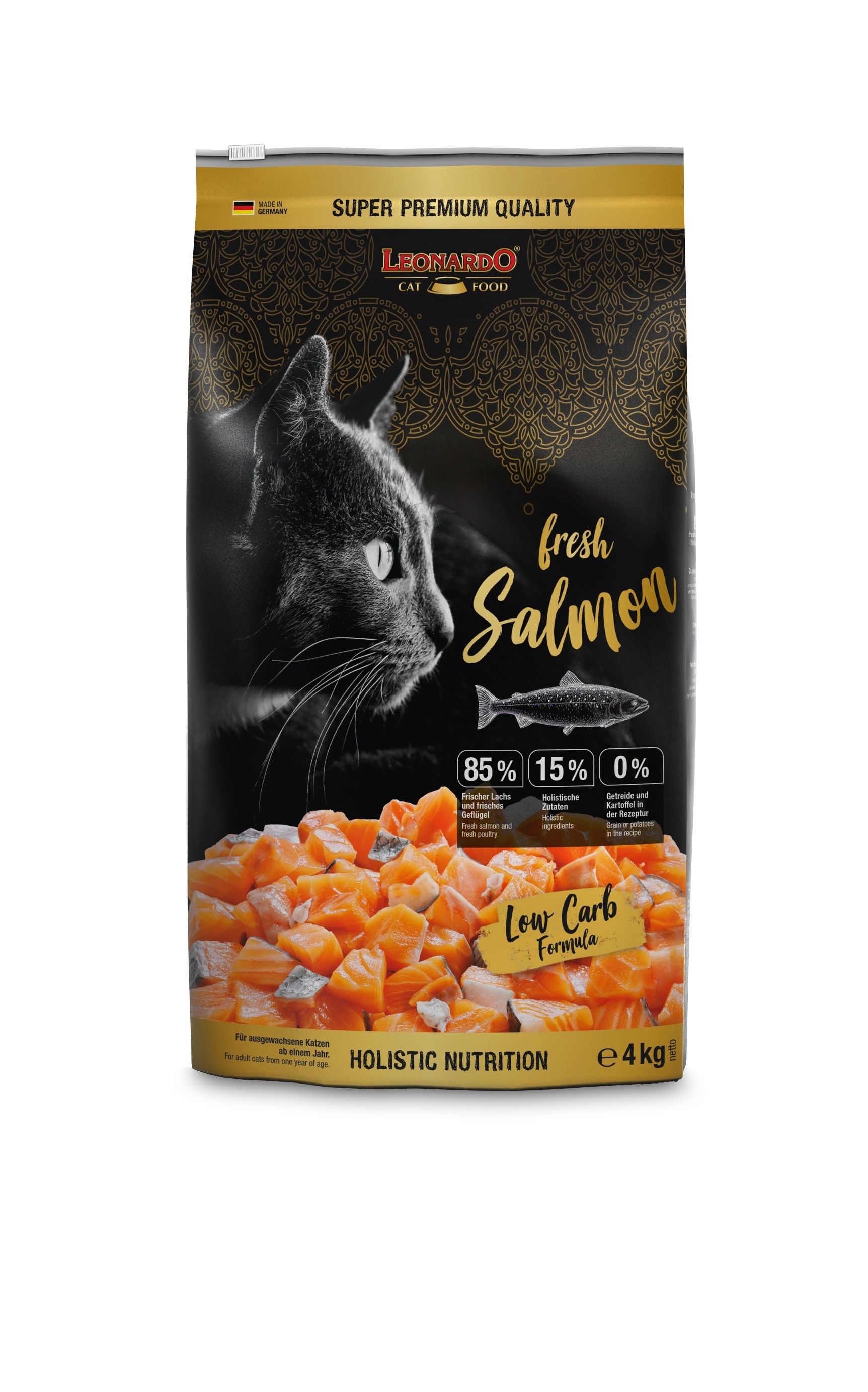 LEONARDO ADULT FRESH SALMON Ξηρά τροφή για ενήλικες γάτες, με 85% φρέσκο ψαχνό φιλέτο σολωμού & πουλερικών 4kg