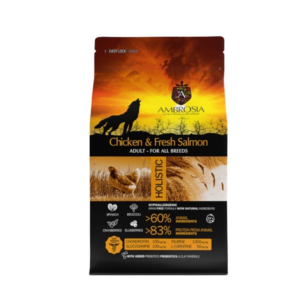Ambrosia Holistic Hypoallergenic Grain Free Adult All Breed Chicken & Fresh Salmon 12kg